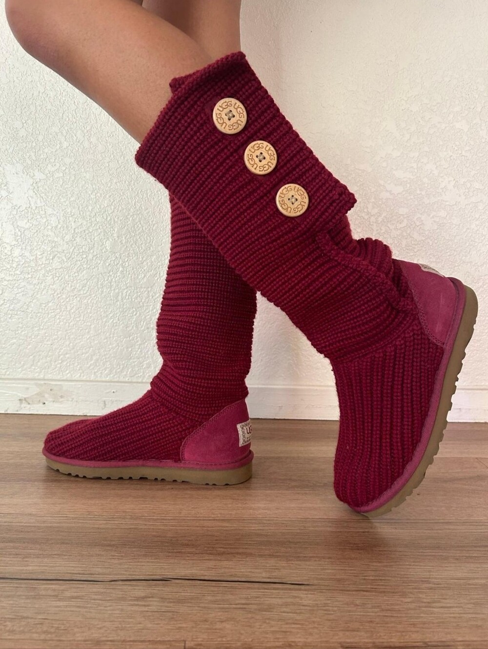 UGG Women's Burgundy Knit Button Tall Boots
